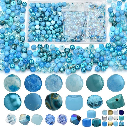 Rired 27 Assorted Craft Beads Bracelet Kit, Columbia Blue Bead Including 7 Types of Round/Glass Pony/Bicone Crystal Beads/Rondelle/Gravel and Seed Beads for Jewelry Making