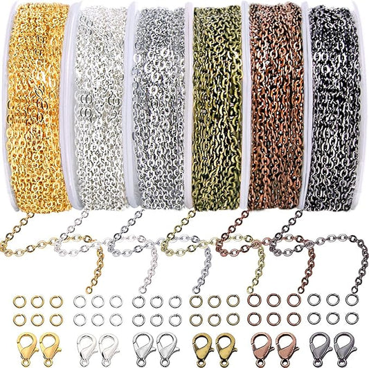 Jishi Chains Jewelry Making Supplies, 60ft Cable Link Chains for Making Jewelry Necklace Earring Bracelet Findings DIY Craft Kit for Adults, 6-Color 2mm Gold Silver Copper Plated Metal Link Rolls Bulk