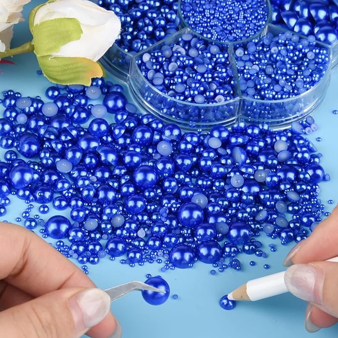 NACHLYNN 6480 Pcs Flat Back Pearl 7 Sizes Half Round Beads Blue for Crafts Embellishment Shoes Clothes Bags DIY Making