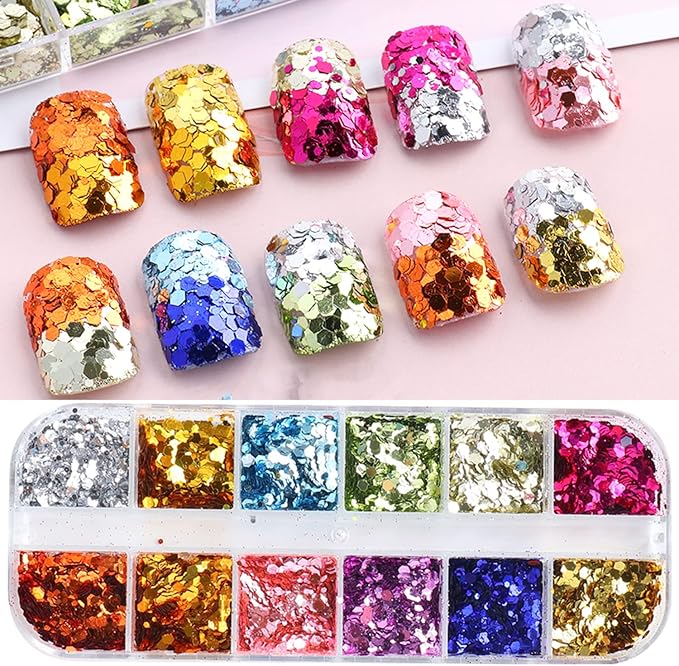 Holographic Mermaid Glitter Nail Art Sequins, 3D Geometry Hexagon Sparkly Nail Flakes, Laser Glitters Acrylic Nails Supplies for Women Girls Manicure Charms Decorations, DIY Resin Shiny Nail Art Tips