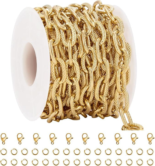 GTVOODX 18K Gold Plated Cable Chains Bulk Chunky Stainless Steel Unsoldered Textured Oval Link Chain Roll Spool for DIY Jewelry Making Supplies Findings