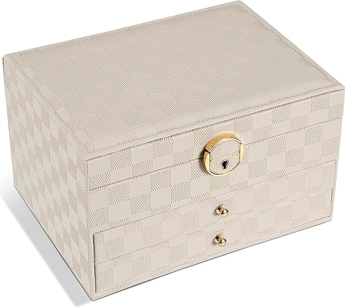 GUOER Jewelry Box for Women Girl Wife - Large PU Leather Jewelry Organizer Storage Case with 3 Layers Display for Earrings Bracelets Rings Watches (Light Khaki)
