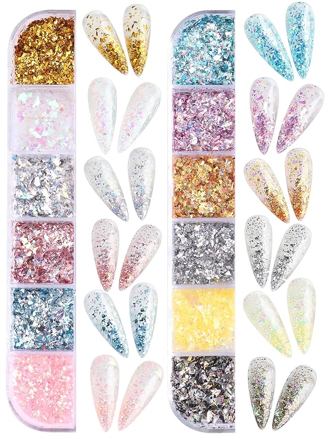 EBANKU 24 Grid Holographic Nail Art Flakes, Foil Glitter Sequins Confetti Gold Silver Irregular Mirror Effect Acrylic Powders Paillette for Nail Decoration