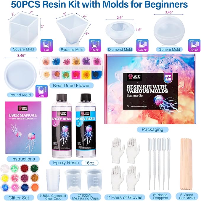 LET'S RESIN Epoxy Resin Kits and Molds Complete Set, 16oz Resin Art Kit with Silicone Molds, Pigment, Dried Flowers, Crafts for Adults, Beginners, Art Supplies for DIY Lovers, DIY Gift for Women