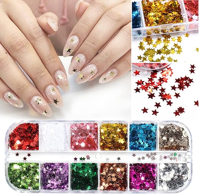 Stars Sequins, 3D Sparkly Five-Pointed Star Nail Flakes, 12 Color Star Nail Art Decorations, DIY Resin Tips