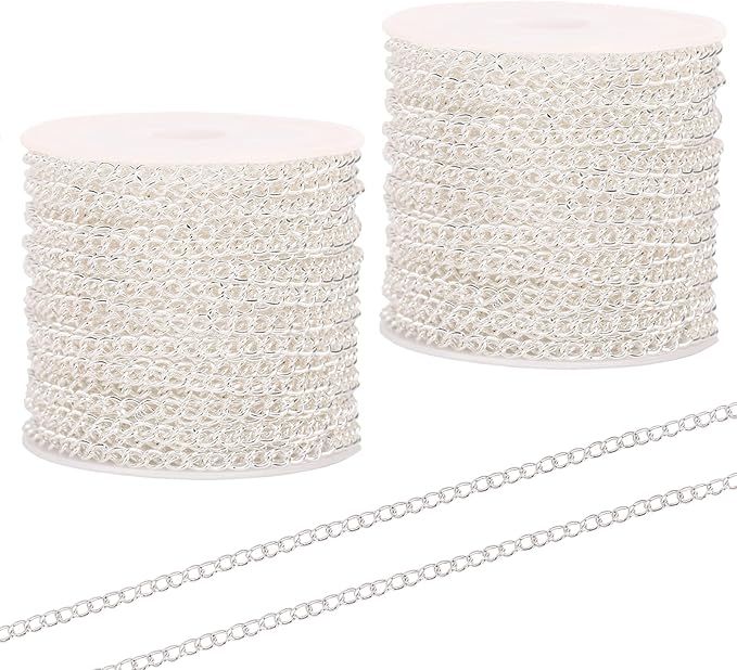 60 Feet Metal Iron Jewelry Chains 3mm Bulk Curb Necklace Chains for Jewelry Making (Silver)