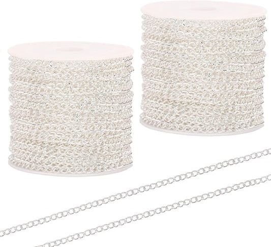 60 Feet Metal Iron Jewelry Chains 3mm Bulk Curb Necklace Chains for Jewelry Making (Silver)