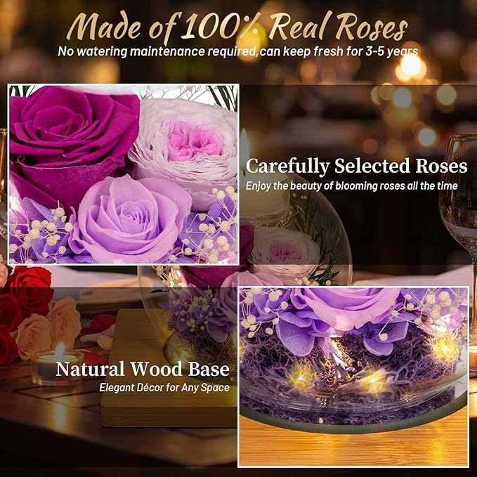 Preserved Purple Real Rose in Glass with Scented Candles–Eternal Flower Romantic Anniversary Mothers Day Christmas Birthday Valentines Day Gifts for Her, Women, Wife, Girlfriend, Mom, Grandma