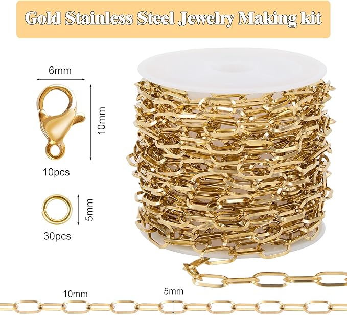 GTVOODX 16.4 Feet 18K Gold PVD Plated Paperclip Chain Roll, Stainless Steel 5x10mm Soldered Oval Link Chain Bulk for DIY Jewelry Making with Lobster Clasps and Jump Rings