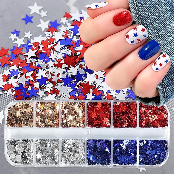 12 Grids Independence Day Nail Sequins，3D Holographic Nails Glitter Laser Star Nail Shining Flakes for Fourth of July Five-Pointed Star Mixed Sequins for America Patriotic Face Makeup Nail Decoration