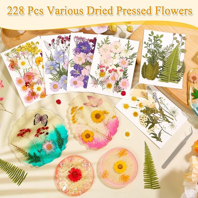 124 Pcs Dried Pressed Flowers for Resin Crafts, Real Pressed Wildflowers Natural Dry Leaves Bulk with Tweezer for Epoxy Resin Jewelry Molds, Candle Soap Making, Scrapbook, Bookmark, Nails Decor