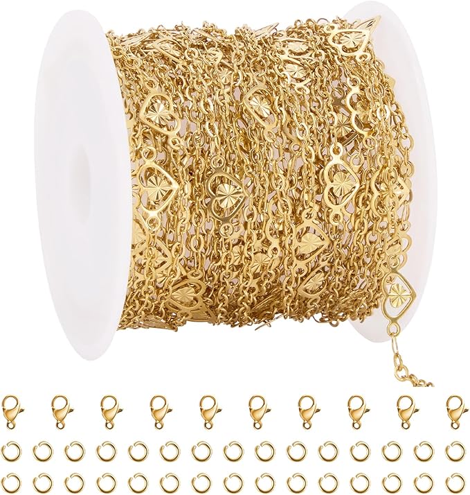 GTVOODX 16.4 Feet 18k Gold Plated Heart Chain for Jewelry Making, Silver Stainless Steel Cable Chain Spool Bulk for DIY Necklace Bracelet Craft with Lobster Clasps and Jump Rings