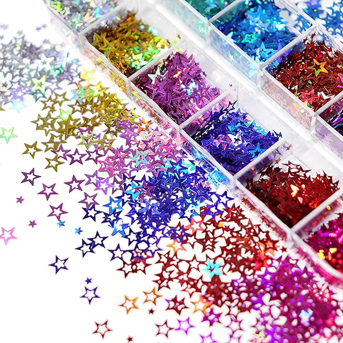 12 Colors Star Nail Art Glitter Sequins, 3D Five-Pointed Star Nail Flakes Designs, Holographic Laser Hollow Star Nail Art Supplies for Women Girls Manicure Sparkle Decorations, DIY Body Makeup Crafts