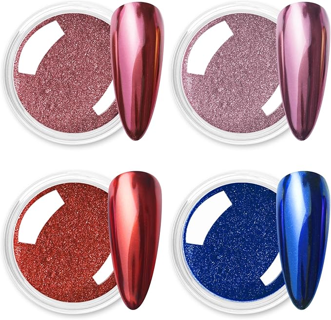 Allstarry Pink Chrome Nail Powder, Metallic 4 Colors Valentines Nails Powder Mirror Effect Manicure Pigment Pink Red Chrome Powder Glitter Dust Gifts for Women Valentines Nail Art