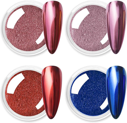 Allstarry Pink Chrome Nail Powder, Metallic 4 Colors Valentines Nails Powder Mirror Effect Manicure Pigment Pink Red Chrome Powder Glitter Dust Gifts for Women Valentines Nail Art