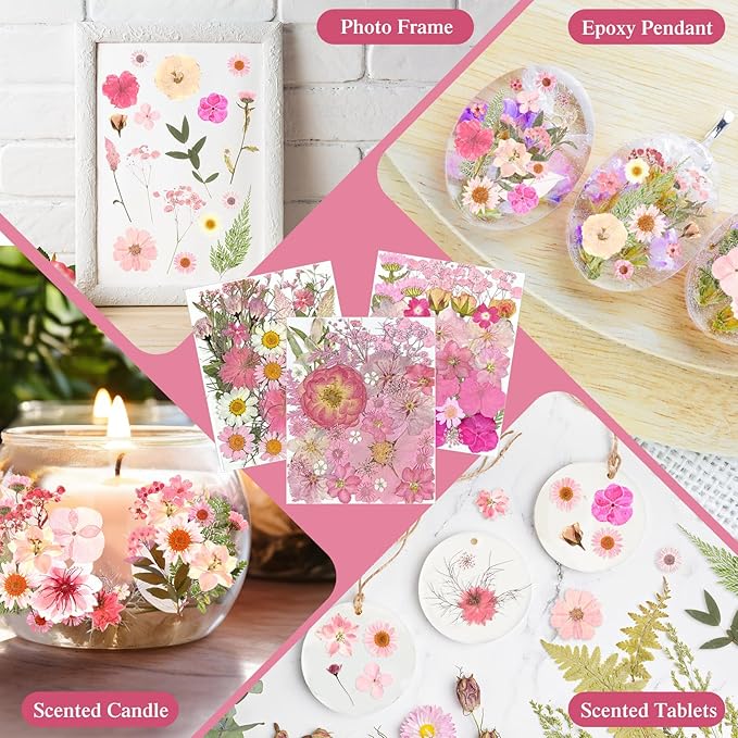 Nuanchu 167 Pcs Real Dried Pressed Flowers Natural Dried Flowers Colorful Daisy Mixed Wildflowers Leave for DIY Candle Resin Nails Jewelry Pendant Crafts Floral Art(Pink,Candy Style)