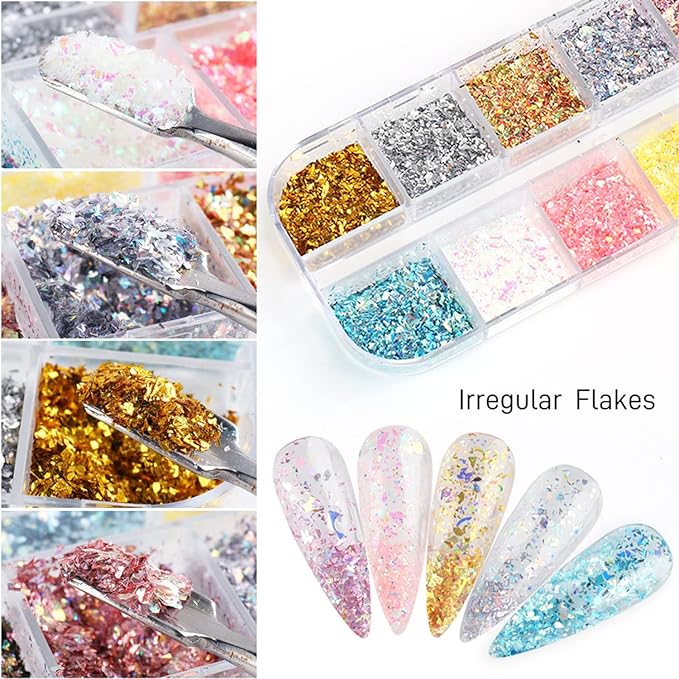 12 Colors Glitter Nail Art Sequins, Holographic Irregular Iridescent Shiny Nail Flakes Decorations 3D Ultra-Thin Powder Nail Art Design for Women Manicure Sparkly Acrylic Supplies, Resin Nail Art Tips