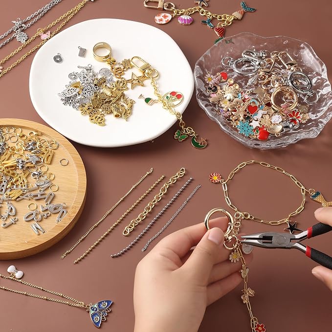 Zplontya 18K Necklace Chains for Jewelry Making Kit 381PCS Include 50Ft 12 Rolls Gold/Silver Jewelry Chains and Charms,Jump Rings,Pliers&Accessories for DIY Necklace Bracelet Keychain Crafting Gifts