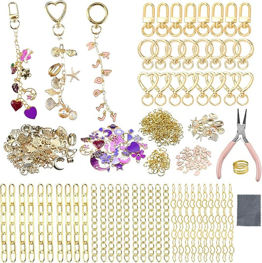Molybdix 395Pcs Charms Keychain Making Kit—Including 24 Keychains Clips 30 Extender Chain 138 Charms, Key Ring Jewelry Plie, DIY Bag Charm & Making Keychains Jewelry Kit