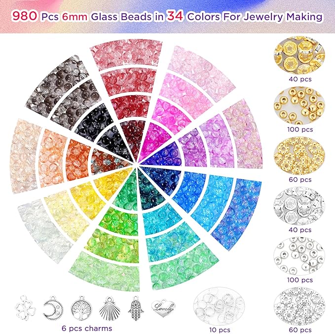 Funtopia Glass Beads Bracelet Making Kit, 1396pcs 6mm Crackle Glass Beads for Jewelry Making, 34 Colors Round Crystal Beads for Bracelets DIY Crafts with Spacer Beads and Charms