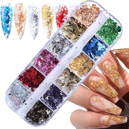 Nail Art Glitter Foils, Holographic Laser Sparkly Nail Art Flakes Sequins, 12 Colors Ultra-Thin Aluminum Nail Art Foil Design Supplies for Women Manicure Shiny Decorations, DIY Resin Nail Accessories
