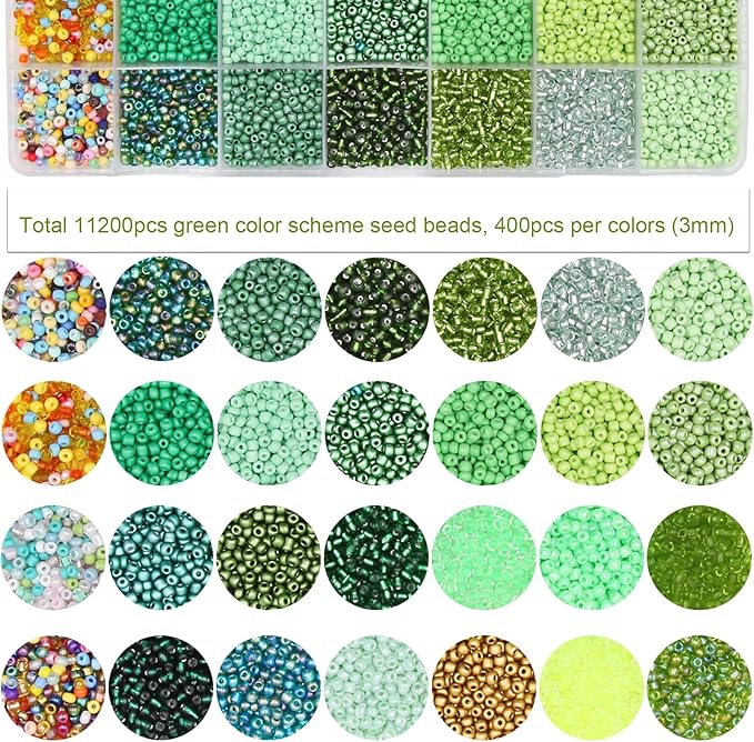 JOJOPLAY 11200pcs Glass Seed Beads for DIY Crafting Bracelet Necklace Embroidery Jewelry Making Supplies (3mm, 400pcs/Color, 28 Colors, Green Scheme)