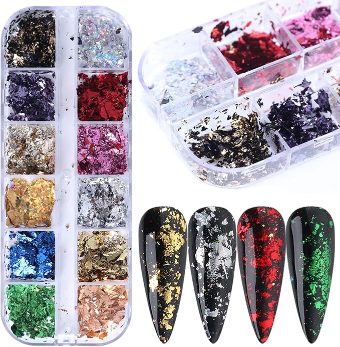 Holographic Nail Glitter Foils, 12 Colors Sparkly Ultra-Thin Aluminum Foil Nail Art Flakes Design, Laser Nail Sequins Acrylic Supplies for Women Girls Manicure Charms Decorations, DIY 3D Nail Art Tips