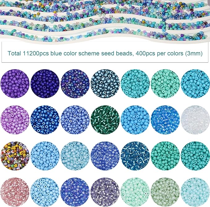 JOJOPLAY 11200pcs Glass Seed Beads for DIY Crafting Bracelet Necklace Embroidery Jewelry Making Supplies (3mm, 400pcs/Color, 28 Colors, Blue Scheme)