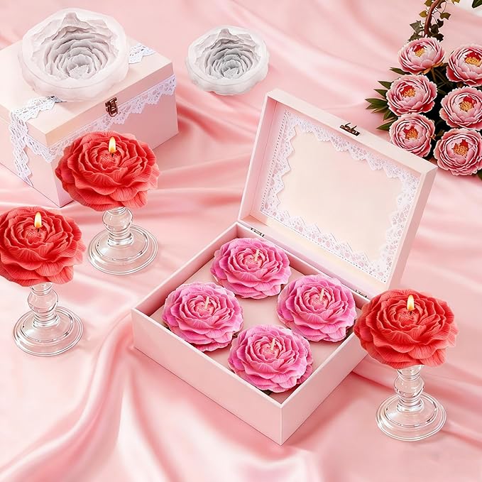 2 Pack Peony Candle Molds Set–Reusable 3D Flower Silicone Molds for Candle Making, Resin Art, Soap & Chocolate Crafts, DIY Floral Decor Supplies