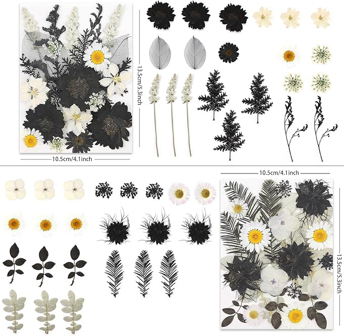 90P Black & White Dried Flowers for Crafts, Real Natural Pressed Flowers in Halloween-Style Tones for Resin Art, DIY Crafts, Jewelry & Candle Decor – Tweezers Included