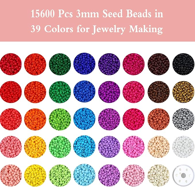 THUTEP 15600 pcs 39 Color 3mm Seed Beads, Tiny Craft Beads for Bracelet Making, Bracelet Kits for DIY Jewelry Craft(Mixed)