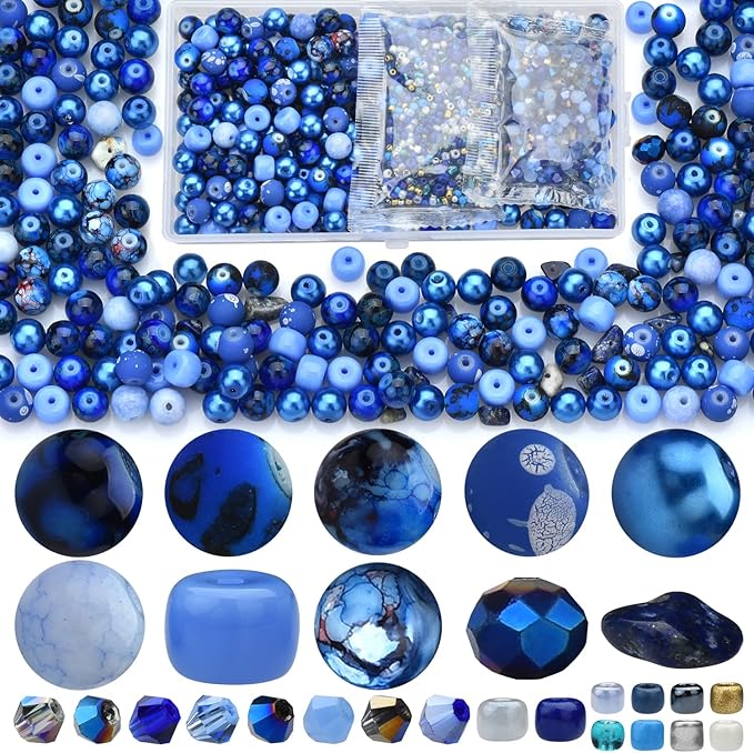Beads for Bracelet Making Kit, Sapphire Blue Color Include 8mm Assorted Round Glass Beads, 4mm Bicone Crystal Beads, 3-4mm Seed Beads for Jewelry Making, DIY Craft