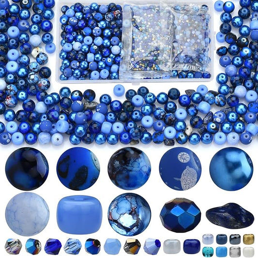 Beads for Bracelet Making Kit, Sapphire Blue Color Include 8mm Assorted Round Glass Beads, 4mm Bicone Crystal Beads, 3-4mm Seed Beads for Jewelry Making, DIY Craft