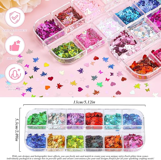 5 Boxes 60 Colors Holographic Nail Art Sequins Kit, Iridescent Sparkle Laser Hollow 3D Star Butterfly Heart Round Mixed-shapes Nail Glitter Flakes for Manicure Body Makeup Craft DIY (1-colorful-kit1)