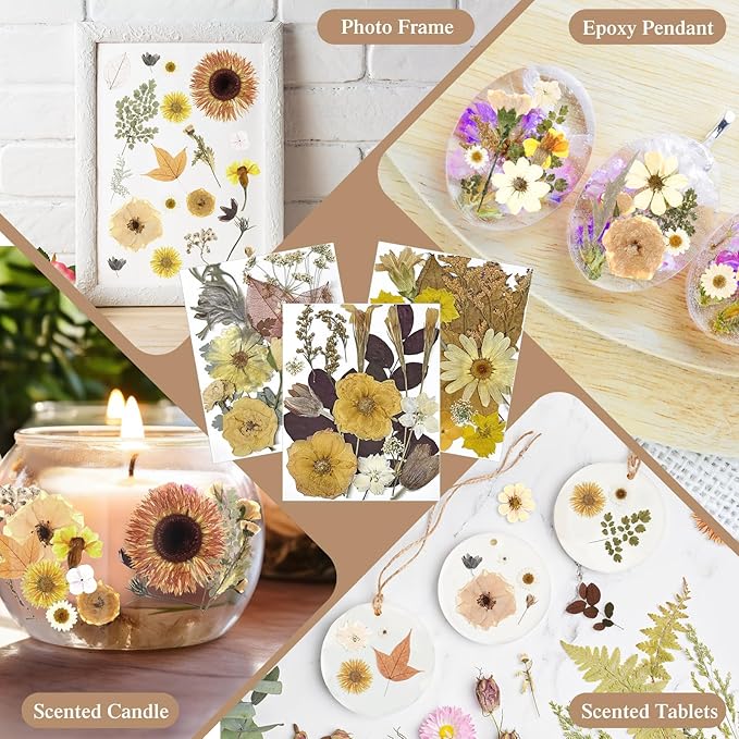 Nuanchu 167 Pcs Real Dried Pressed Flowers Natural Dried Flowers Colorful Daisy Mixed Wildflowers Leave for DIY Candle Resin Nails Jewelry Pendant Crafts Floral Art(Beige,Retro Style)