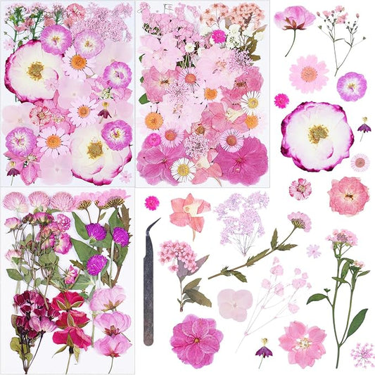 92Pcs Pink Dried Pressed Flowers for Crafts,Xinxinran Dry Flowers Kit for Resin Molds,Epoxy Resin Accessories,Bookmark,Nails, Jewelry Molds,Candle Making Supplies,Soap,Frame