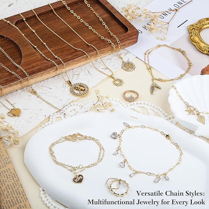 14k Gold Necklace Chains for Jewelry Making, Total 20 Feet 6 Rolls Bracelet Chains for DIY, 3.3 Feet Each Style, 14K Gold Plated Chain with Jump Rings/Lobster Clasps/Connectors