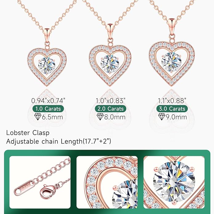 Heart Pendant Necklace for Women: Luxury Gift for Wife Girlfriend Mom/Her - 3ct D Color Moissanite - Gold Jewelry with Gift Box- Hypoallergenic & Adjustable Chain - Daily & Special Occasion Wear
