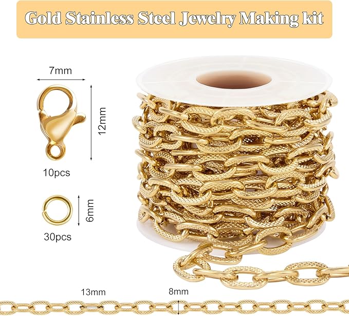 GTVOODX 18K Gold Plated Cable Chains Bulk Chunky Stainless Steel Unsoldered Textured Oval Link Chain Roll Spool for DIY Jewelry Making Supplies Findings