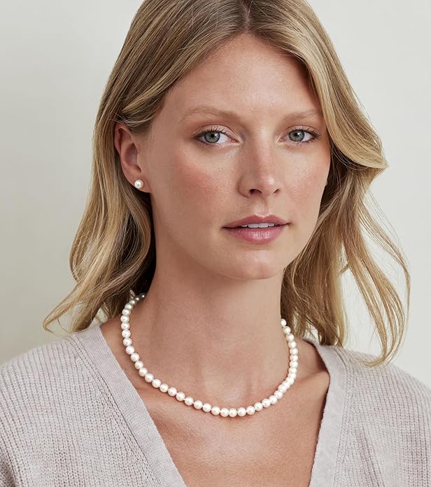 The Pearl Source 14K Gold AAAA Quality White Freshwater Cultured Pearl Necklace for Women - Pearl Gifts for Christmas, Holidays and Anniversary
