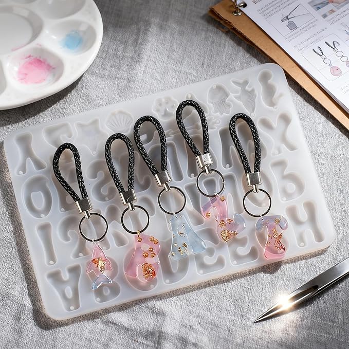 Alphabet Keychain Molds with Hole, 121Pcs Reversed Alphabet Silicone Molds for Resin Letter Number Epoxy Casting Molds Keychain Making Kit with Key Ring O Ring for Resin Crafts