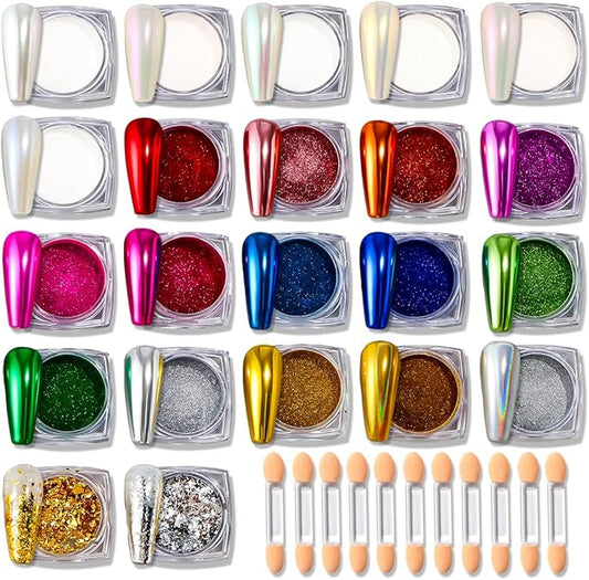 22Jars Chrome Nail Powder Set, Holographic Metallic Mirror Effect Pigment Iridescent Aurora Pearl Dust Kit with Shiny Gold & Silver Glitter Foils Flakes for Manicure Decor, DIY Resin Craft