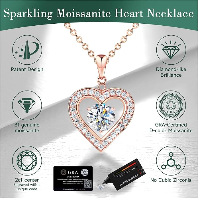 Heart Pendant Necklace for Women: Luxury Gift for Wife Girlfriend Mom/Her - 3ct D Color Moissanite - Gold Jewelry with Gift Box- Hypoallergenic & Adjustable Chain - Daily & Special Occasion Wear