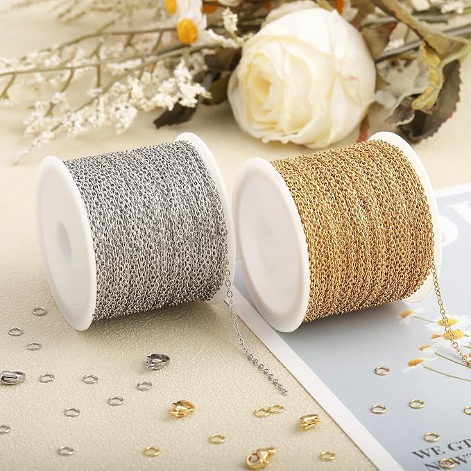 SMYHTGLIF 2 Rolls Total 65.6 Feet Oval Cable Chain for Jewelry Making Gold & Silver Stainless Steel Jewelry Making Chains DIY Craft Jewelry Findings
