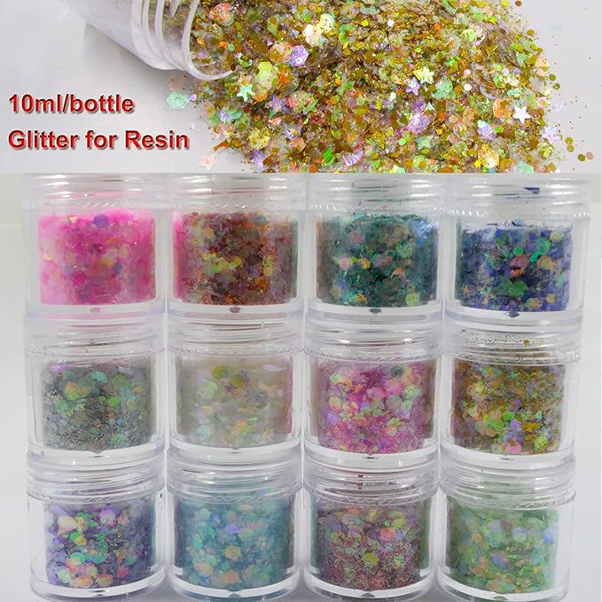 12 Bottle Opal Mermaid Chunky Glitter Iridescent Heart Star Hexagon Aurora Body Nails Glitters Resin Epoxy Accessories Crafts Supplies for Nails Art Tips Resin Mold Makeup