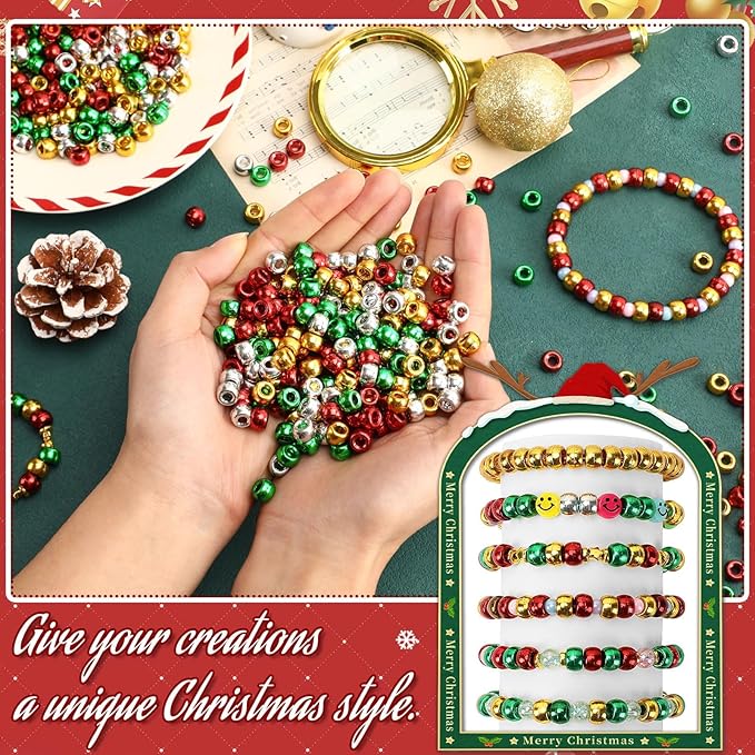 UPINS Christmas Pony Beads - 1200 Pcs Red, Green, Silver, Gold for Craft Jewelry Making