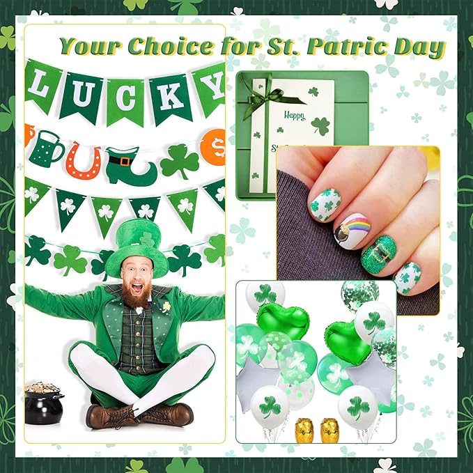 Laza St. Patrick's Day Nail Art Glitters 12 Colors Holographic Green Gold Fine Powder Chunky Clover Hexagon Sequins Confetti Nail Flakes for Nail Supplies Festival Craft Decoration - Verdant