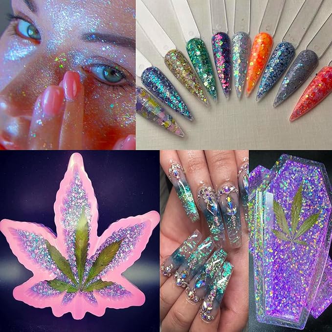 12 Mixed Colors Iridesent Chunky Glitter Flakes Mylar Hexagon Fine Powder Pigment Opal Glitter Sparkles Crafts Sequins Resin Epoxy Accessories Women Girls Makeup Body Nail Art Decorations