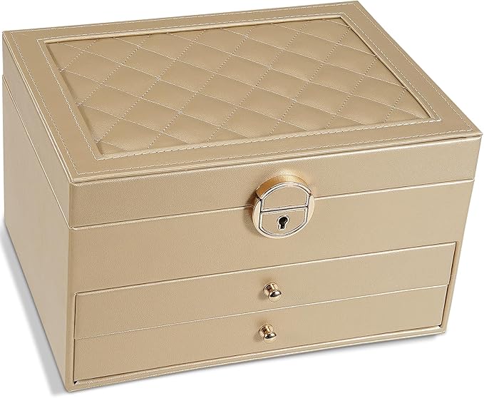 GUOER Jewelry Box for Women Girl Wife 3 Layers Large PU Leather Jewelry Organizer Storage Case with Two drawers Display for Earrings Bracelets Rings Watches (Champagne)