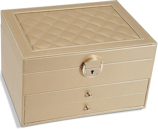GUOER Jewelry Box for Women Girl Wife 3 Layers Large PU Leather Jewelry Organizer Storage Case with Two drawers Display for Earrings Bracelets Rings Watches (Champagne)